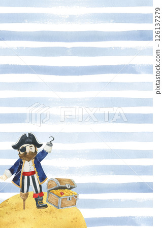 Pirate watercolor card template with a space for text. Pirate on the ocean with blue stripes 126137279