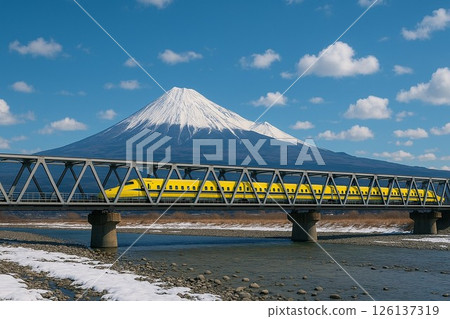Doctor Yellow Shinkansen electric track comprehensive test vehicle passing over Mount Fuji with snow remaining and the Fuji River Bridge 126137319
