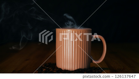 Steaming coffee mug surrounded by scattered beans, coffee evoking rich aromatic warmth, coffee inviting cozy moments and bold flavor, perfect for beverage advertising and lifestyle visuals. Steaming coffee mug surrounded by scattered beans, coffee evoking rich aromatic warmth, coffee inviting cozy moments and bold flavor, perfect for beverage advertising and lifestyle visuals. 126137647