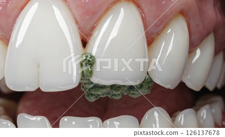 Professional dentist working on patient's teeth, applying green sealant for protection and prevention of cavities, ensuring oral health and hygiene 126137678