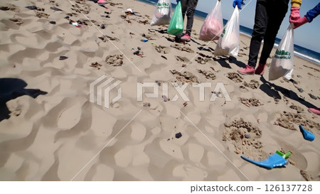 Young volunteers wearing gloves are diligently collecting plastic trash from a sandy beach, contributing to environmental cleanup and demonstrating social responsibility 126137728