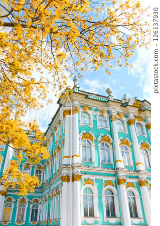 the incredibly picturesque facade of the Winter Palace through the branches of trees on a clear spring day, the heritage of Russia, the most famous landmark of St. Petersburg, the museum the incredibly picturesque facade of the Winter Palace through the branches of trees on a clear spring day, the heritage of Russia, the most famous landmark of St. Petersburg, the museum 126137930