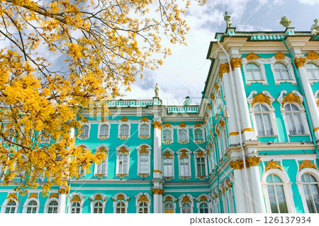 the incredibly picturesque facade of the Winter Palace through the branches of trees on a clear spring day, the heritage of Russia, the most famous landmark of St. Petersburg, the museum the incredibly picturesque facade of the Winter Palace through the branches of trees on a clear spring day, the heritage of Russia, the most famous landmark of St. Petersburg, the museum 126137934
