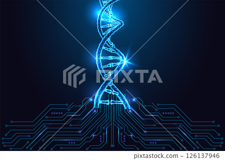 Biotechnology, digital DNA analysis concept with glowing helix and circuit board vector illustration Biotechnology, digital DNA analysis concept with glowing helix and circuit board vector illustration 126137946