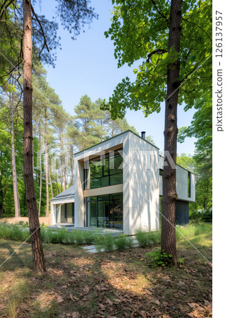 Modern House Nestled in Forested Area With Large Windows and Natural Surroundings 126137957