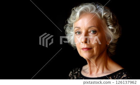 Elegant Older Woman With Silver Hair Poses Against a Dark Background in a Sophisticated Outfit 126137962