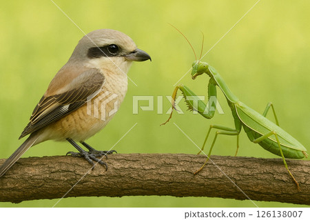 A shrike and a giant mantis confront each other 126138007