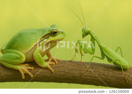 A big tree frog and a giant mantis confront each other 126138009