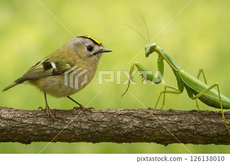 A confrontation between a goldcutter and a giant praying mantis 126138010