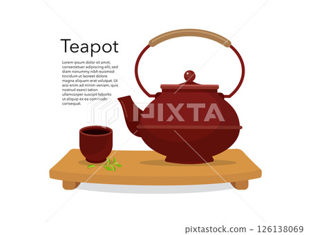 Ceramic teapot and a steaming cup of green tea on wooden board. Ceramic teapot and a steaming cup of green tea on wooden board. 126138069