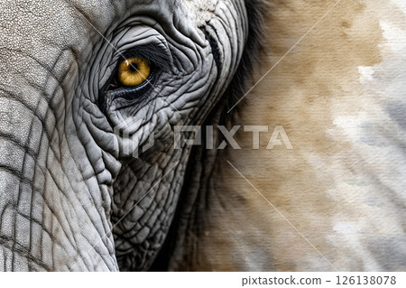 Extreme close up of elephant's eye highlighting the intricate wrinkles and textures of its skin, drawing attention to the unique yellow iris and conveying sense of wisdom and age. World elephant day 126138078