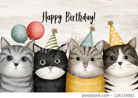 Four adorable cats wearing colorful party hats are celebrating a birthday with balloons against a rustic wooden background, creating a cheerful and festive scene 126138081