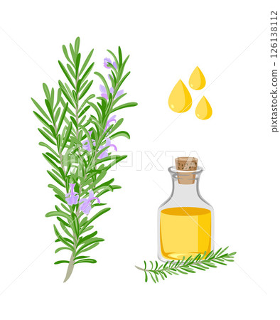 Rosemary essential Oil and Rosemary leaf and flowers isolated on white background 126138112