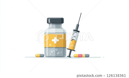 Stylized vaccine bottle and syringe placed alongside capsules, designed for use in healthcare graphics and educational content about immunization. 126138361