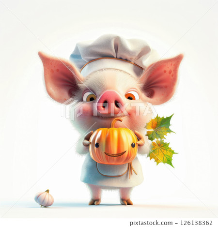 pig in chef's attire holding a funny pumpkin, creating a playful kitchen vibe. Cute 3D illustration. 126138362