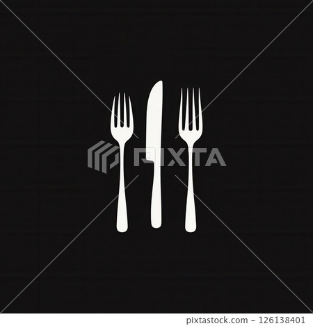 Silhouette design showcases a knife and fork arranged with simplicity, embodying modern elegance perfect for restaurant or dining concepts. 126138401