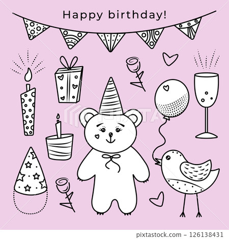 Kawaii birthday doodle set black and white stickers, cute vector items on light pink background Kawaii birthday doodle set black and white stickers, cute vector items on light pink background 126138431