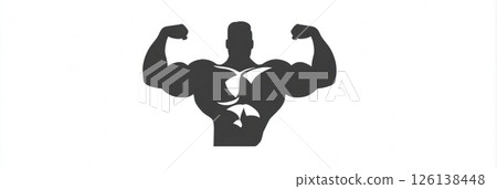 Strong silhouette of a muscular figure flexing in a clean design, showcasing power and fitness against a stark white background. 126138448