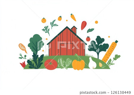 A rustic barn stands amidst an array of fresh vegetables, exemplifying a modern farm aesthetic that emphasizes natural beauty and sustainability. 126138449