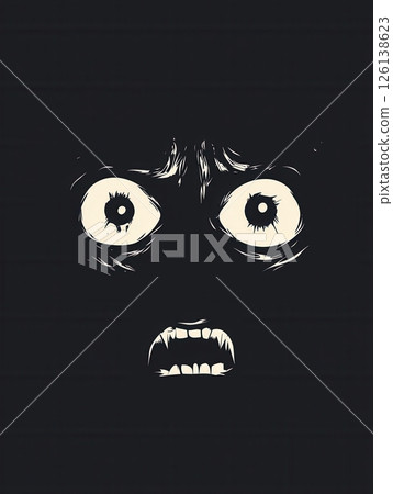 A dark face with exaggerated wide eyes and a fearful expression conveys intense emotion, set against a stark monochrome background. A dark face with exaggerated wide eyes and a fearful expression conveys intense emotion, set against a stark monochrome background. 126138623