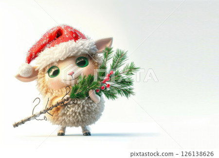 Sheep in a Santa Hat and Holding a Christmas Tree: Festive 3D Illustration for Joyful Holiday Designs Sheep in a Santa Hat and Holding a Christmas Tree: Festive 3D Illustration for Joyful Holiday Designs 126138626