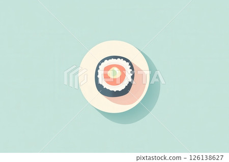 This stylish flat sushi roll symbol represents Japanese food culture with its minimalist design and soft colors, perfect for branding. 126138627
