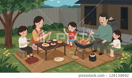 Enjoying a family barbecue in the garden 126138692