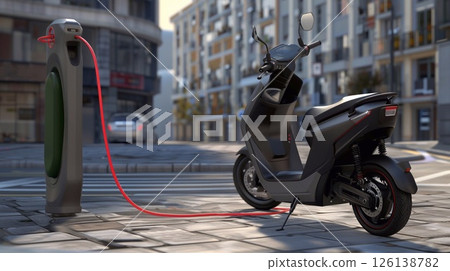 Electric scooter for sharing with charging station on a city street, Side view. 3d rendering. 126138782