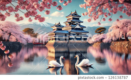 松本城的櫻花盛開，倒映在水面上的風景 126138787