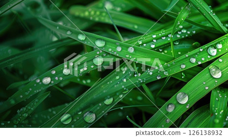 Water droplets glisten on the green grass blades, adding a touch of sparkle to the calm, lush grassland in the early morning. 126138932