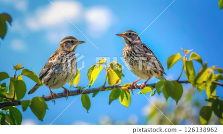 A pair of colorful larks with soft, plump feathers, resting on a leafy branch, creating a peaceful nature scene. A pair of colorful larks with soft, plump feathers, resting on a leafy branch, creating a peaceful nature scene. 126138962