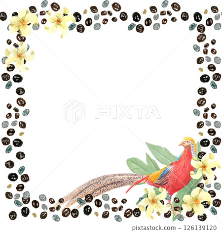 Papaya seeds, exotic bird, yellow flowers watercolor frame isolated on white. Hand-painted tropical border perfect for cafe branding, packaging, menu design, invitations, and social media graphics 126139120