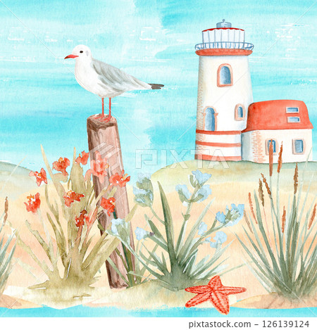 Coastal grass, seagull, lighthouse, starfish watercolor seamless border. Perfect for website headers, packaging, blog backgrounds, labels, fabric borders, and wall art. Nautical, beach-themed designs 126139124