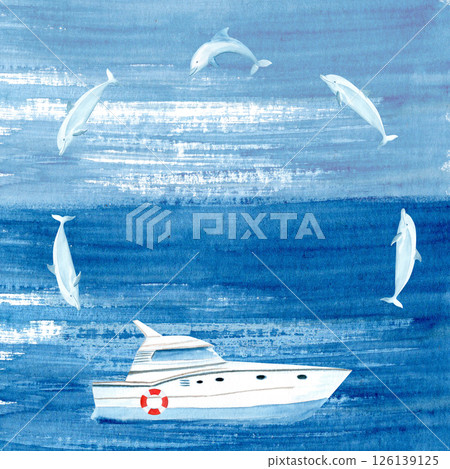Yacht with life buoy dolphins jumping over it watercolor round frame on blue background. Hand painted clip art perfect for for cards, banners, advertisements, invitations and books. Travel design 126139125