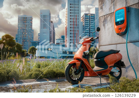 Electric scooters displayed in urban settings emphasize their role in modern city transport and mobility solutions. 126139229