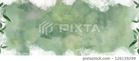Textured green watercolor background with white texture edges and delicate leafy branches. Hand-painted design ideal for wedding invitations, eco packaging, branding, social media, and web banners Textured green watercolor background with white texture edges and delicate leafy branches. Hand-painted design ideal for wedding invitations, eco packaging, branding, social media, and web banners 126139299