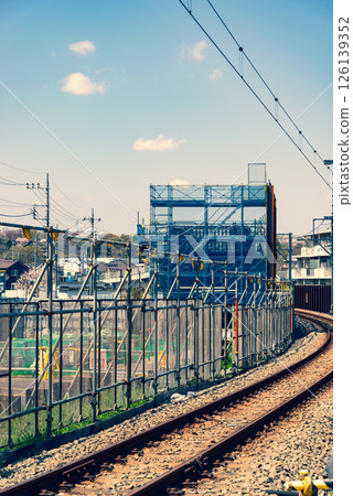 Railway viaduct construction and existing tracks Around Higashimurayama Station, Tokyo 2025.04 e-3 Warm and cool colors 126139352