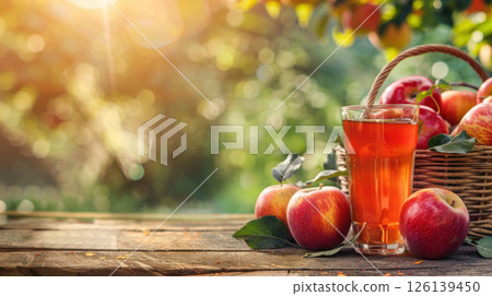closeup glass apple juice wooden surface 126139450