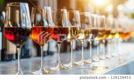 closeup shot row wine glasses table 126139453