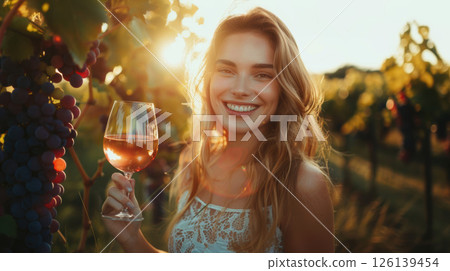 woman holding glass rose wine vineyard 126139454