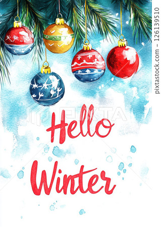watercolor illustration winter scene hanging ornaments 126139510