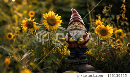 garden gnome statue stands sunflower field 126139515