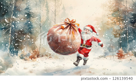 watercolor painting santa claus snowy forest 126139540