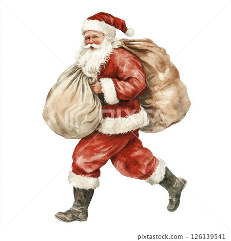 watercolor painting santa claus carrying sack 126139541