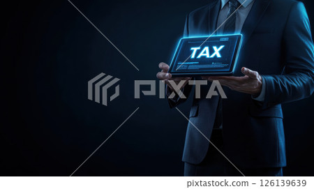 man suit holds tablet displaying word 126139639