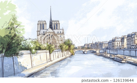 watercolor painting cityscape river running main 126139644