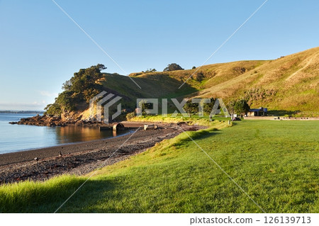 Beautiful beach and campsite in New Zealand 126139713