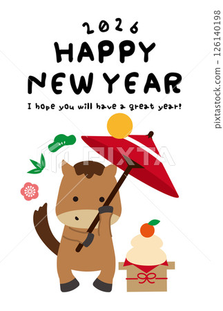 新年賀卡 2026 傘旋轉，白色背景，垂直，馬，松，竹，梅和鏡餅 126140198