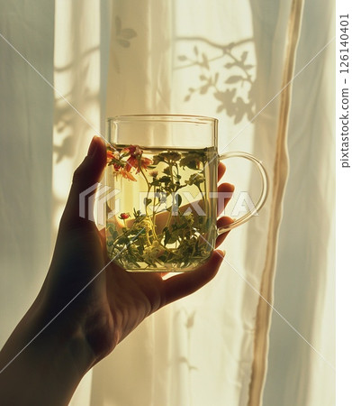 cup of herbal tea with chamomile, mint and other herbs on a light background, top view, copy space. Cottagecore 126140401