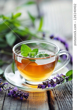 tea with lavender and honey on the background of nature 126140402